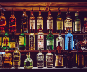 A drinks display showing bottles of strong spirits. 