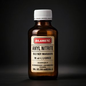 An AI-generated image of an Amyl Nitrate bottle against a dark background. 